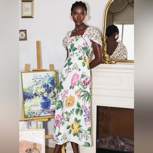 Floral Bow Draped Short Sleeve Midi Dress